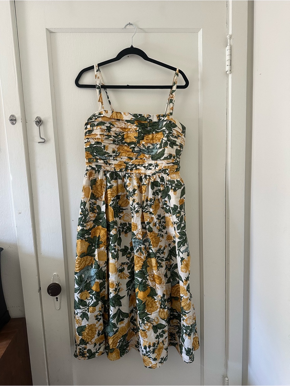 Abercrombie & Fitch White Midi Dress with Yellow Floral and Green Leaves